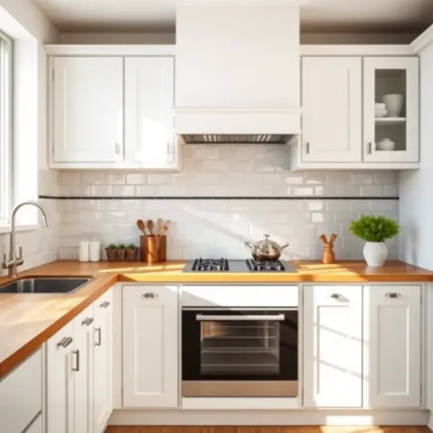 Biała kuchnia z drewnianym blatem co między szafkami